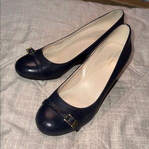 Cole Haan Women's Navy Leather Wedge Shoes with Buckle 8B